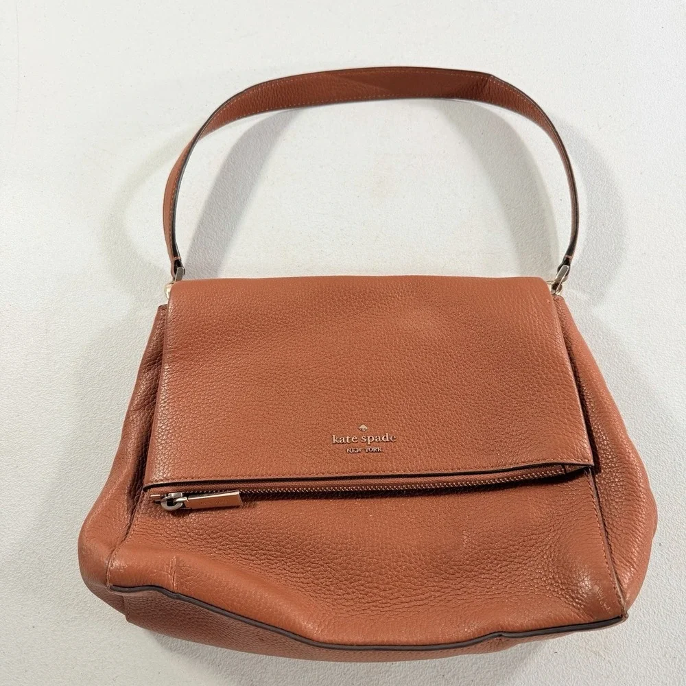 Kate Spade Leila‎ Medium Pebbled Leather Flap Shoulder Bag Gingerbread Brown